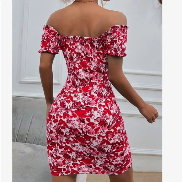 Boho Vibrant Red Floral Print Off Shoulder Bodycon Dress - Picture 5 of 8